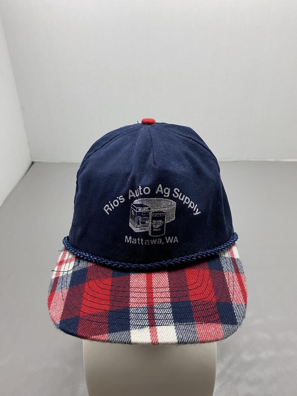 Rio's Auto Ag Supply Hat Cap Snap Back One Size Blue Plaid Twill Cotton Mens